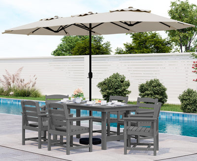 SERWALL 8-Piece Patio Dining Sets with 15FT Double Side Patio Umbrella, Outdoor HDPE Dining Furniture Set with Umbrella Hole Cut-Out Table and 6 Chairs, Gray（Umbreall Base not Included）