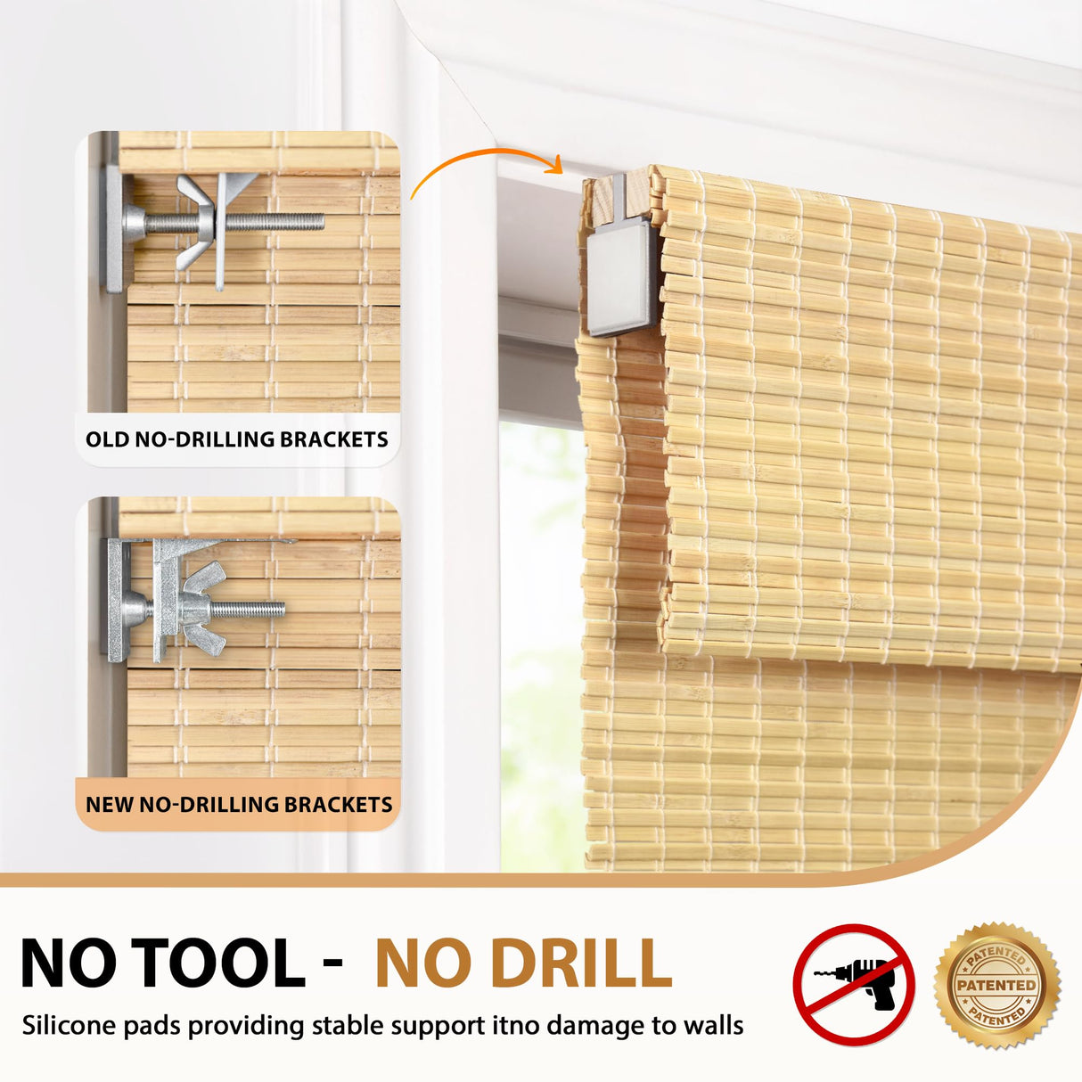 LazBlinds No Tools No Drill Cordless Bamboo Roman Shades, Privacy Room Darkening Window Treatment, Roll Up Bamboo Blinds for Window 26'' W x 64'' H, DP-Natural LazBlinds
