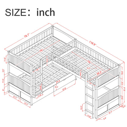 Wood Triple Bunk Bed with Drawers, L-Shaped Bunk Beds for 3, Twin Over Twin Bunk Bed with a Loft Bed Attached for Kids, Teens, Adults (White)