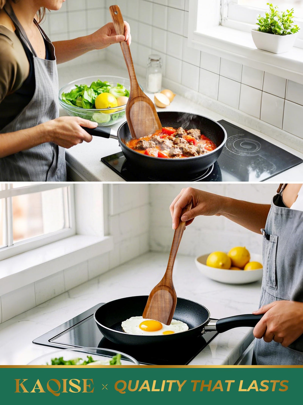 Handmade Wooden Spatulas for Cooking, Natural Teak Wooden Utensils, Smooth Finish Wooden Flat Cooking Spatula Turner Set (2Pcs) KAQISE