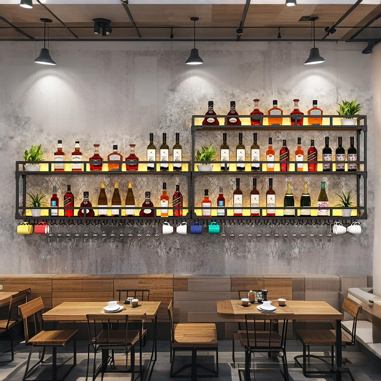 Modern Wine Rack Wall Mounted With Glass Holder,3-Tier Bar Liquor Shelf,Black,Metal Large Capacity Hanging Wine Storage Racks,Iron Floating Bar Shelves For Liquor Bottles,For Kitchen Dining Room AKOGG