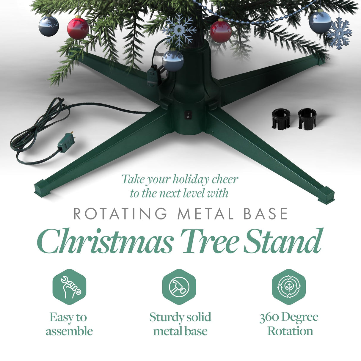 Home Heritage Artificial Christmas Tree Base Rotating Metal Stand for 1 to 1 1/2 Inch Diameter Artificial Christmas Tree Poles, 31 Inch, Green Home Heritage