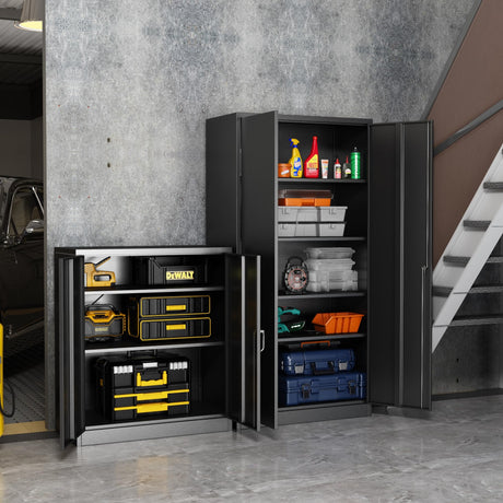 Waqiv Black Metal Storage Cabinet with Door, Locking Steel Cabinet with 4 Adjuestable Shelves, Tall Lockable Garage Tool Storage Cabinet for Home, Waqiv