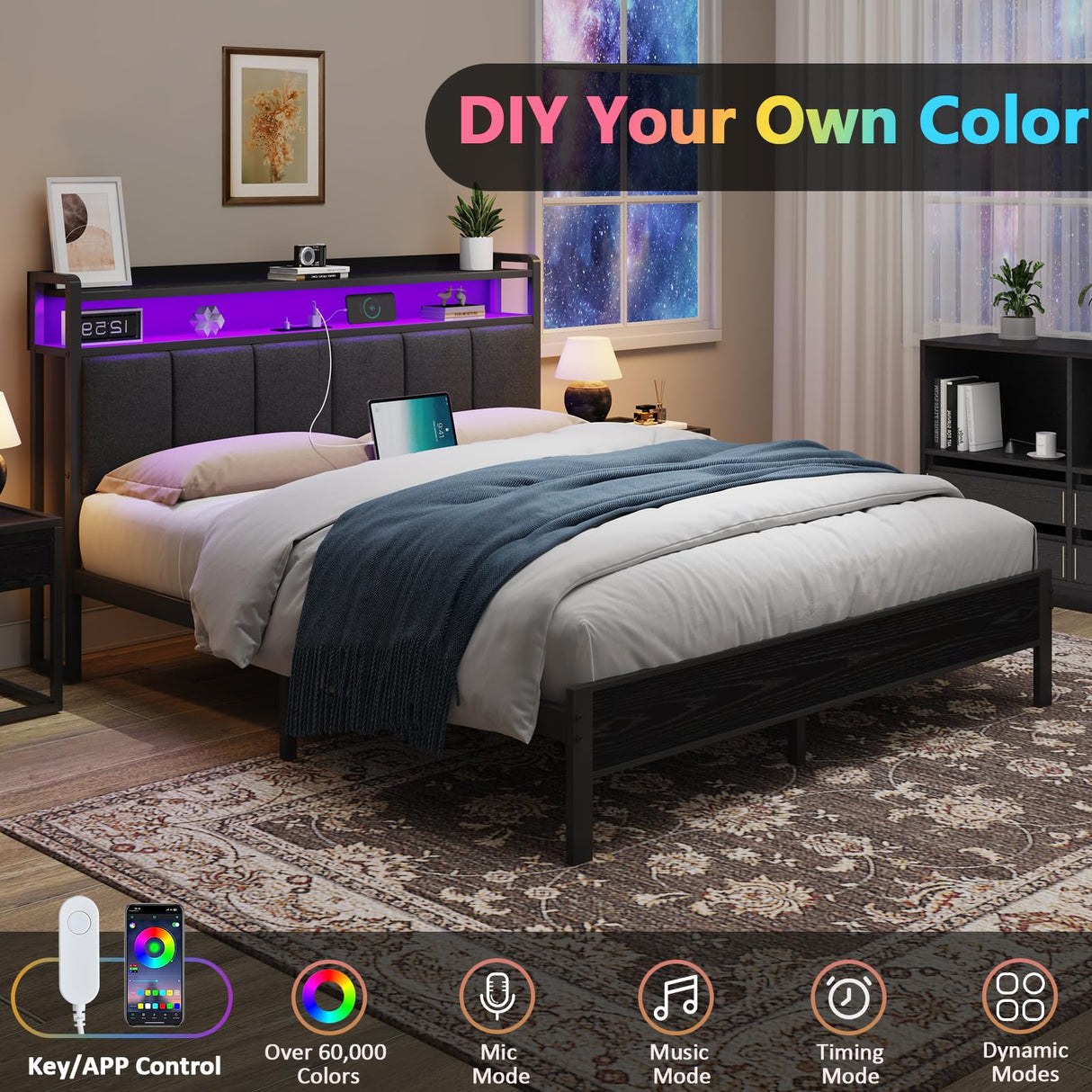 CHABUILDREARK Twin Bed Frames with LED Lights, Upholstered Metal Platform Bed with Charging Station and Storage Headboard, Heavy Duty Metal Slats, No Box Spring Need, Easy Assembly, Dark Grey CHABUILDREARK