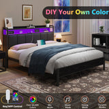 CHABUILDREARK Twin Bed Frames with LED Lights, Upholstered Metal Platform Bed with Charging Station and Storage Headboard, Heavy Duty Metal Slats, No Box Spring Need, Easy Assembly, Dark Grey CHABUILDREARK