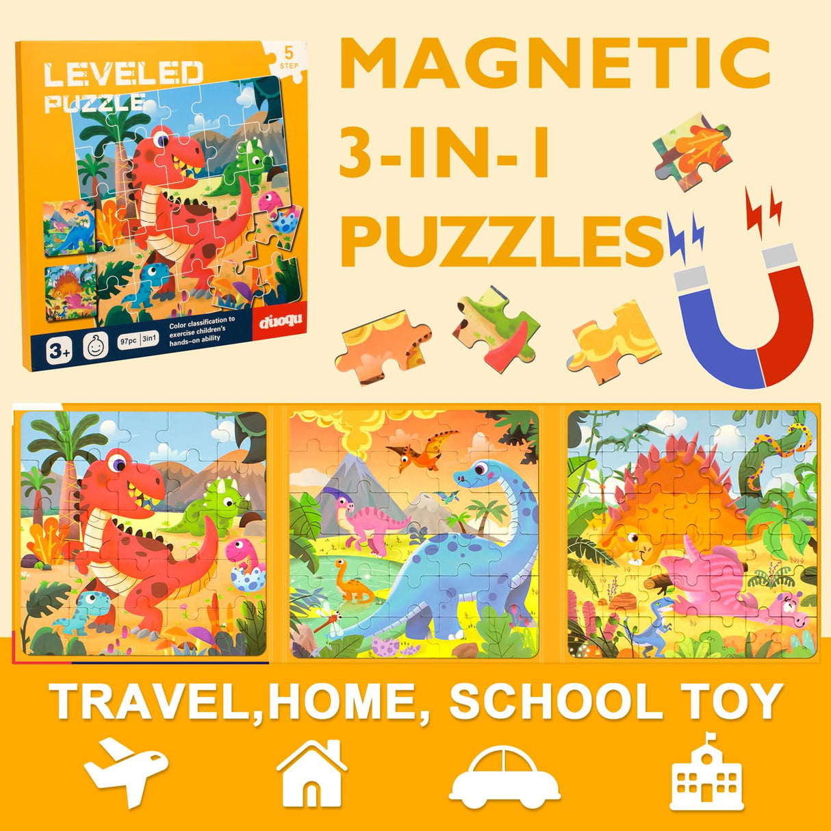 Magnetic Puzzles for Kids Ages 3-5, 3 in 1 Dinosaurs Magnetic Jigsaw Puzzle Book, Travel Puzzles Toys for Toddlers 3-8 Year (Dinosaur World) EREBADI