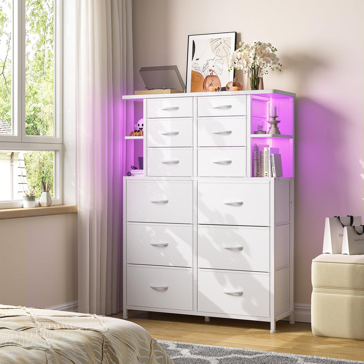 EnHomee Dresser for Bedroom with LED Lights, 12 Drawers Bedroom Dresser, Black Dresser and Tall Dresser with Open Shelves, Fabric Dressers & Chests of Drawers with Sturdy Metal Frame, White EnHomee