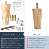 Ash Wood Furniture Legs With Gold Caps - Mid Century Feet For Sofa, Chair, Table, Dresser, Bed, Cabinet, Ottoman - Wood Leg Risers, Easy Install & Includes Installation Hardware - Set of 4, 4 Inches Airy Abode