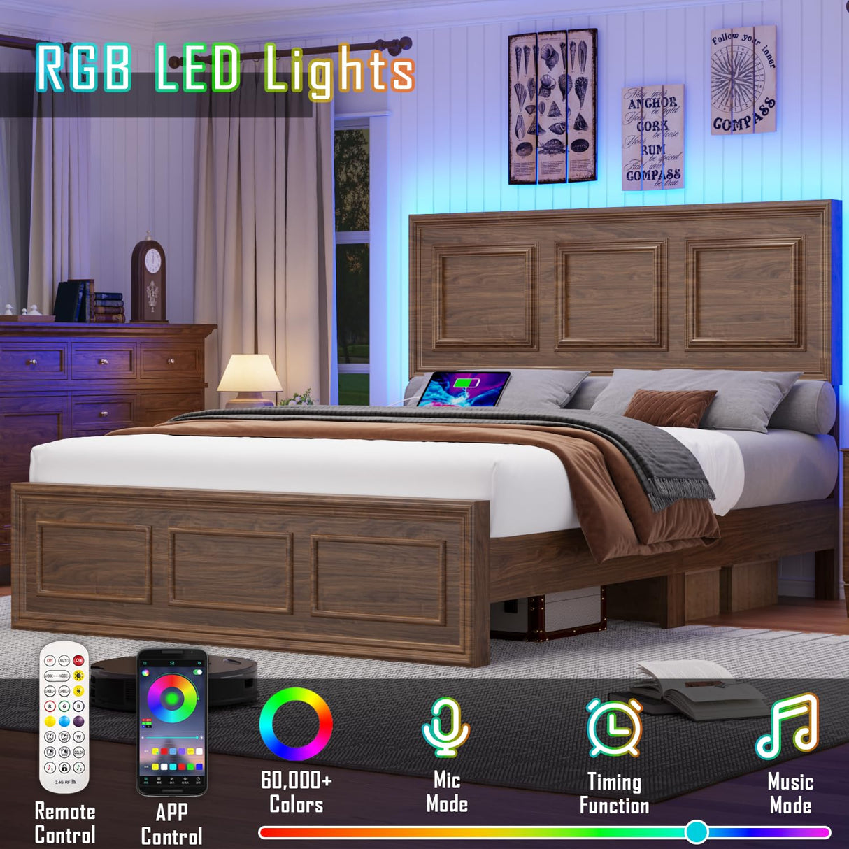 Incyneva Farmhouse Platform Queen Bed Frame Wood with Adjustable Headboard, LED Light and Charging Station, No Box Spring Needed, Noise Free, Geometric Design & Vintage Brown Incyneva