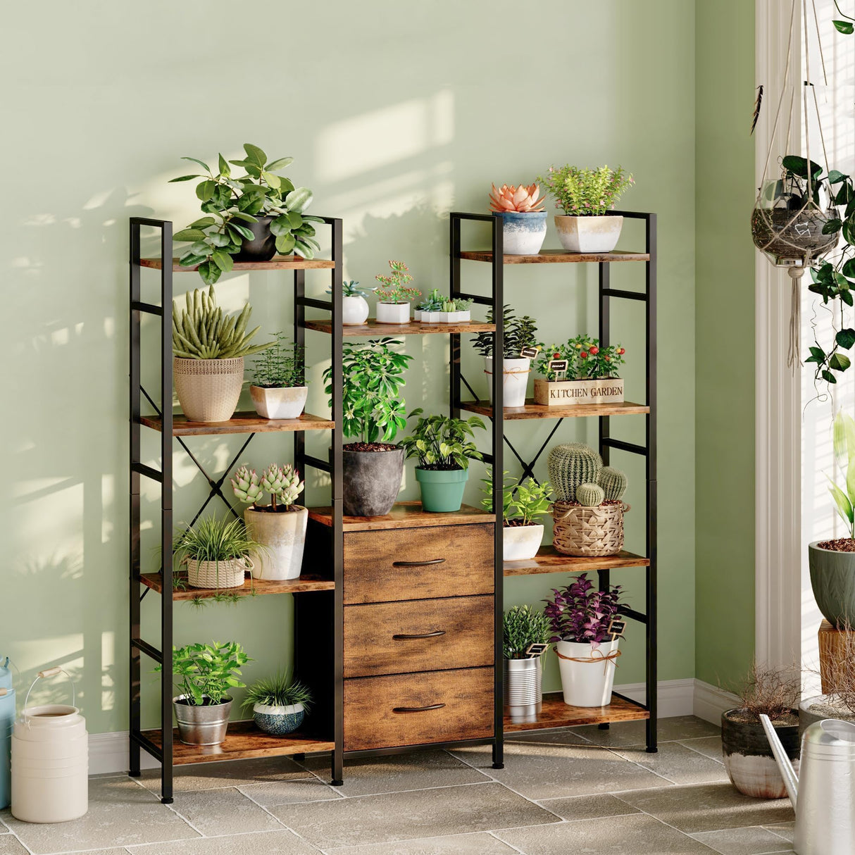 AFLUI Triple Bookshelf with 3 Fabric Drawers, 4-Tier Book Shelf and 10 Display Shelves, Industrial Large Bookcase for Home & Office, Rustic Brown, 47'' Wide AFLUI