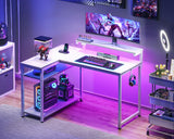 MOTPK White L Shaped Gaming Desk with Power Outlet, Reversible Computer Desk with Height Adjustable Monitor Stand, Coner Desk 43inch with LED Lights, Home Office Desk MOTPK