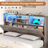 VIAGDO Farmhouse Bed Frame Queen Size with Bookcase Storage Headboard, Charging Station and LED Lights, Wooden Queen Bed Frame with 4 Drawers, Barn Door Design, No Box Spring Needed, No Noise, Grey VIAGDO