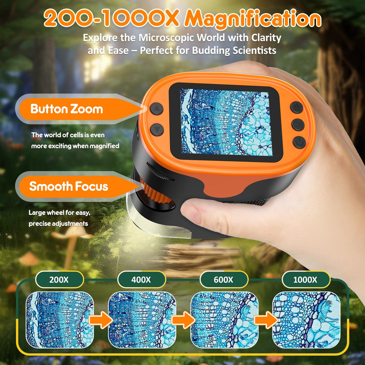 1000X Handheld Microscope for Kids 4K 2.0" Screen Rechargeable Mini Pocket Digital Microscopes w/Slides Kit Portable Edu Gift Age 4-6 8-12 Children Students BEBANG