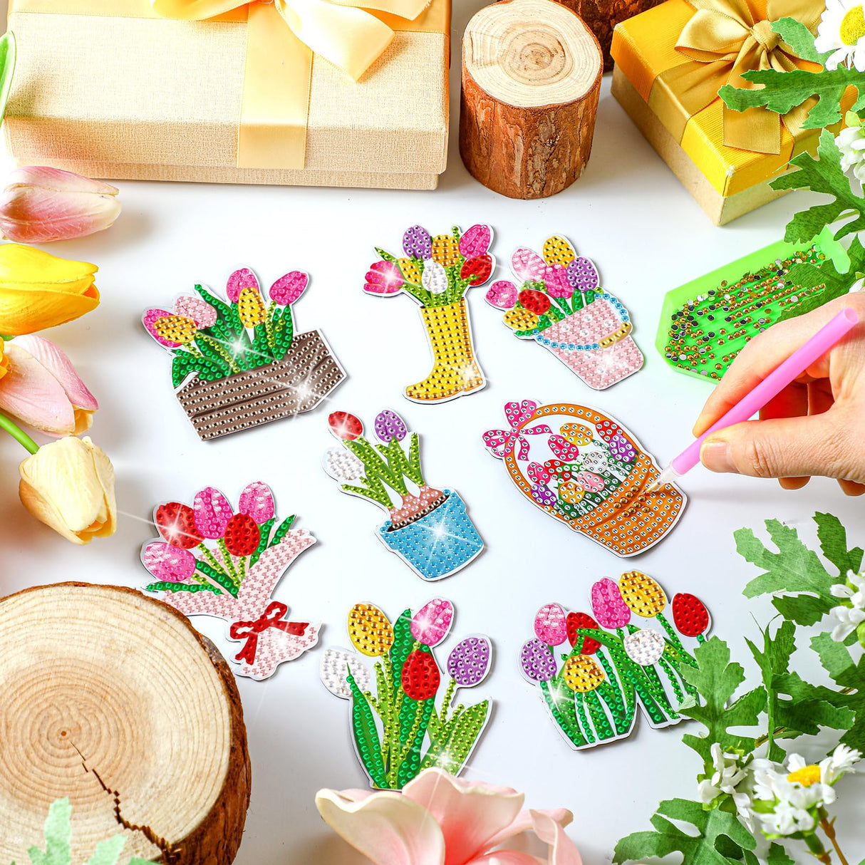 Saillong 20 Pcs Tulip Diamond Painting Magnets Spring Diamond Art Magnets Kits Refrigerator Magnetic Stickers for Fridge Home Adults DIY Crafts Saillong