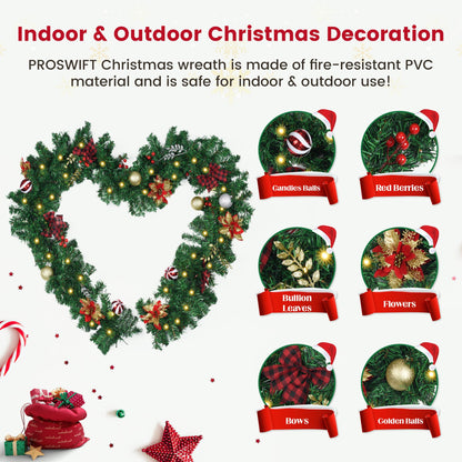 9FT Christmas Garland with Lights, Pre-Lit Garlands for Christmas Decoration with 60 LED Lights, Berries, Bows, Ball, Flower, Leaves, Battery Operated Indoor & Outdoor Christmas Decor