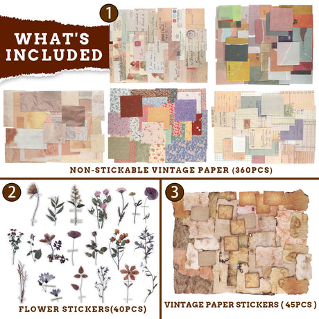 445 PCS Vintage Scrapbook Paper Journaling Scrapbooking Supplies Kit Aesthetic Decorative Craft Paper include 40 Sheet Flowers Stickers for Planner, Bullet Journaling, Junk Journal, Retro Crafts GNILLKO