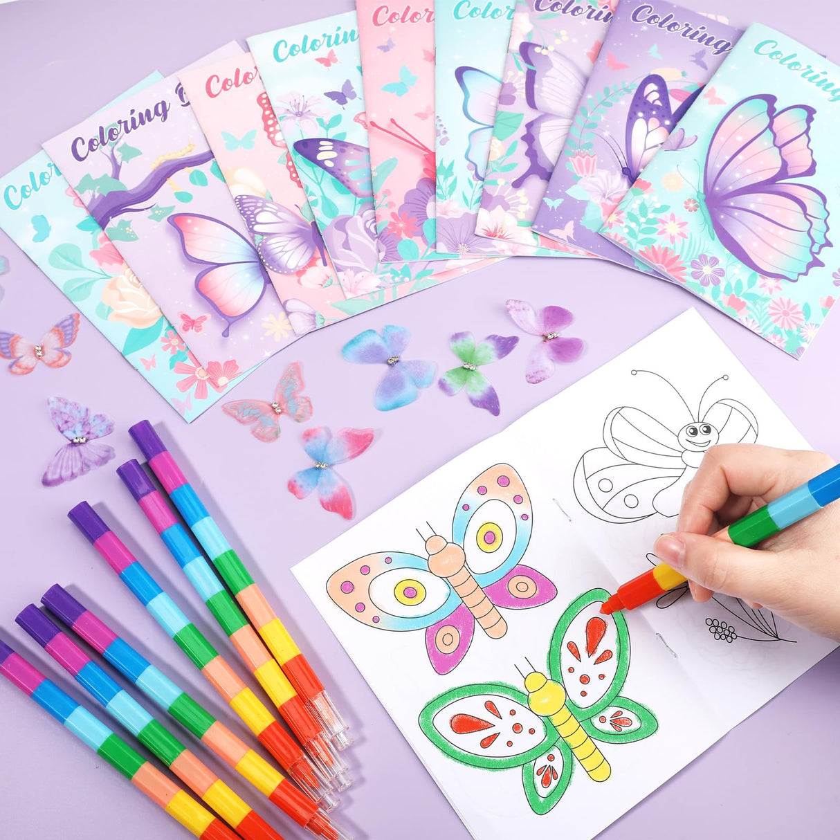 BenLouis 12 Butterfly Mini Coloring Books Kids with 12 Stacking Crayons Butterfly Theme Party Favors Small Activity Books Bulk for Kids Spring Fairy Birthday Party Gift Goodie Bag Stuffers BenLouis