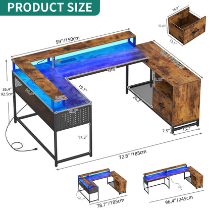 DWVO U Shaped Desk with Drawers, 72.8" Reversible L Shaped Desk with Power Outlets, Corner Computer Desk with LED Lights & Monitor Stand & Storage Shelves, Rustic Brown