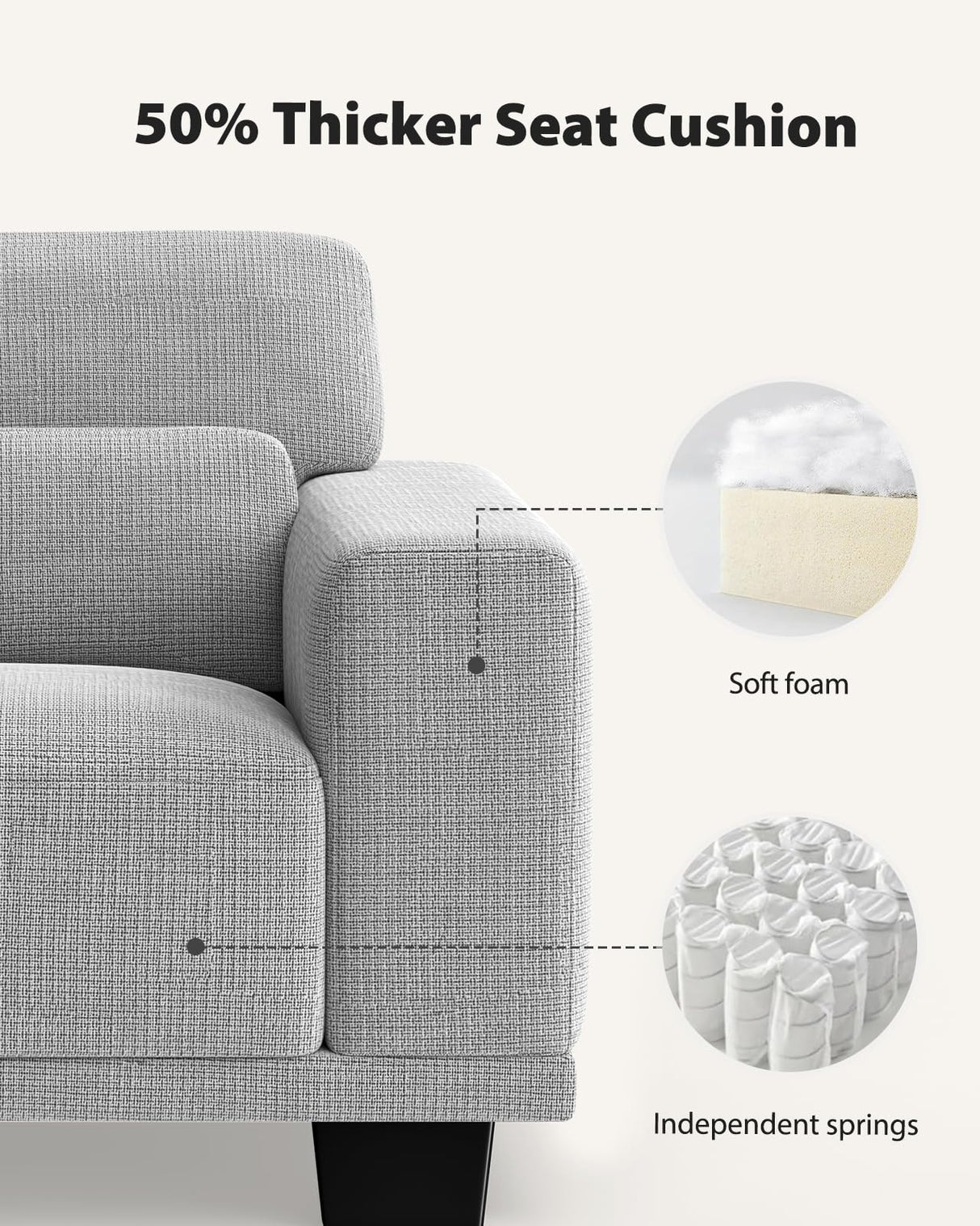 Pipishell 89" 3 Seater Sofa Couch with Deep Seats & Wide Armrests, Supportive Futon with Thickened Cushion, Comfy Cotton-Linen Couches for Living Room,Removable & Washable Covers,Grey Pipishell