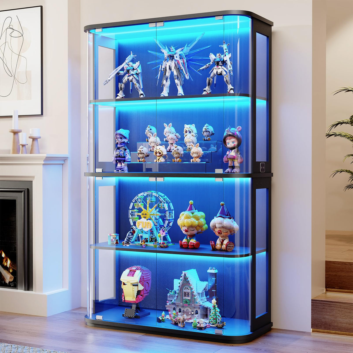 BROTTAR Large Rounded Display Cabinet with Glass Door, 4-Tier Curio Cabinet with 3 Color Lights for Collectibles, Glass Display Case with Transparent Full-Display Surface, Human Body Sensor, Black BROTTAR