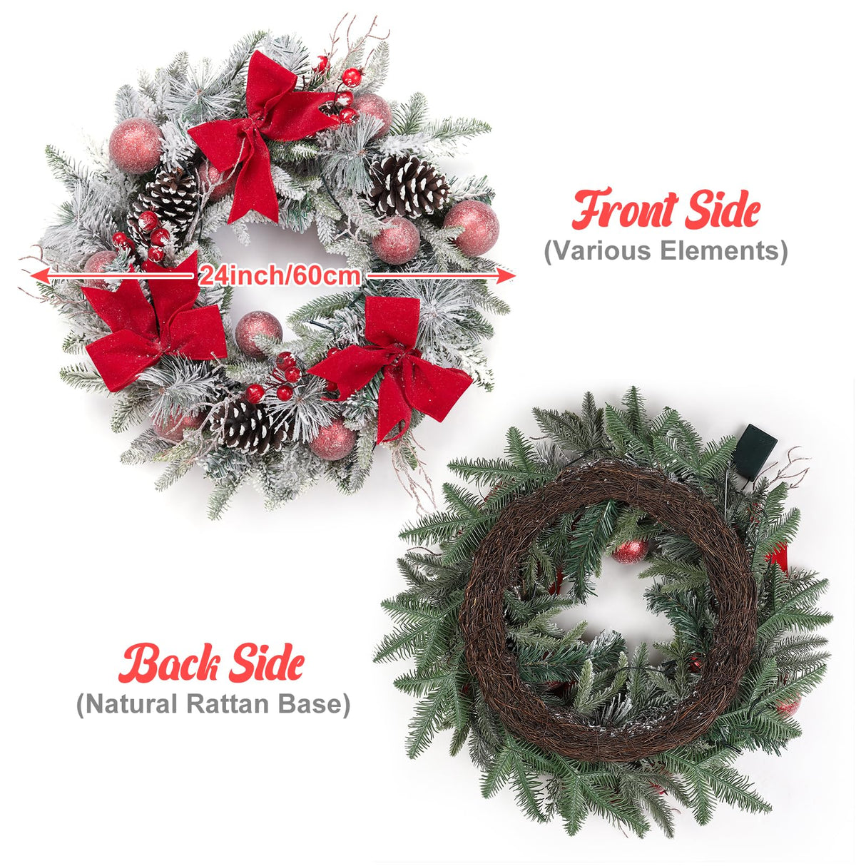 24" Pre-Lit Christmas Wreath for Front Door, Artificial Christmas Wreath with Bow Ribbon, Pinecones, Berries and Ball Ornaments, Battery Operated 30 Led Lights Xmas Wreath for Home Decor GarveeHome