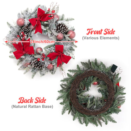 24" Pre-Lit Christmas Wreath for Front Door, Artificial Christmas Wreath with Bow Ribbon, Pinecones, Berries and Ball Ornaments, Battery Operated 30 Led Lights Xmas Wreath for Home Decor GarveeHome