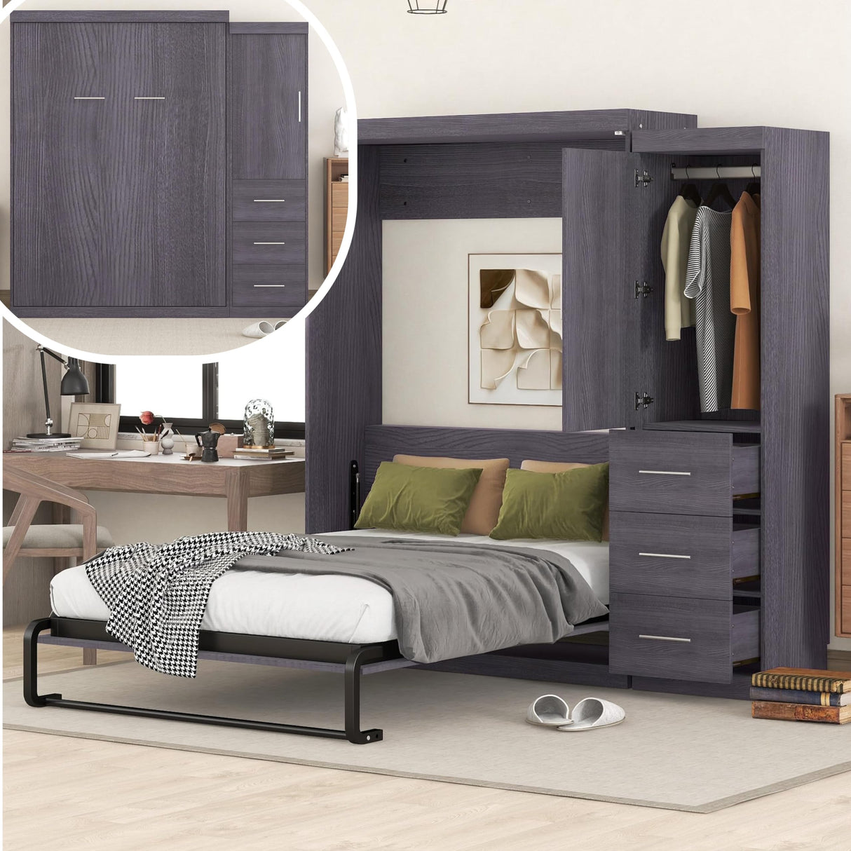 SOFTSEA Full Size Murphy Bed with Wardrobe, Farmhouse Wall Bed Frame with Storage Drawers, Can be Folded into a Cabinet, No Box Spring Needed, Grey SOFTSEA