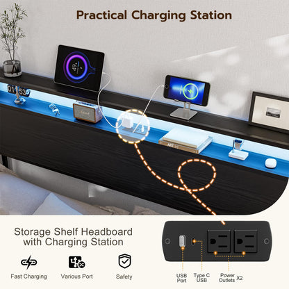 AOVSA King Size Storage Headboard with LED Mood Lighting, Charging Station & Metal/Wood Design - Black - WoodArtSupply