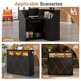 PAKASEPT Reception Desk with LED Lights, L-Shaped Modern Front Desk with Glass Display Shelf, Reception Counter Table for Lobbies, Salons, Retail, Home Offices (Black) PAKASEPT