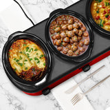 Elite Gourmet EWMST-325R Maxi-Matic Triple Slow Cooker Buffet Server Adjustable Temp Dishwasher-Safe Oval Ceramic Pots, Lid Rests, 3 x 2.5 Qt Capacity, Red Elite Gourmet