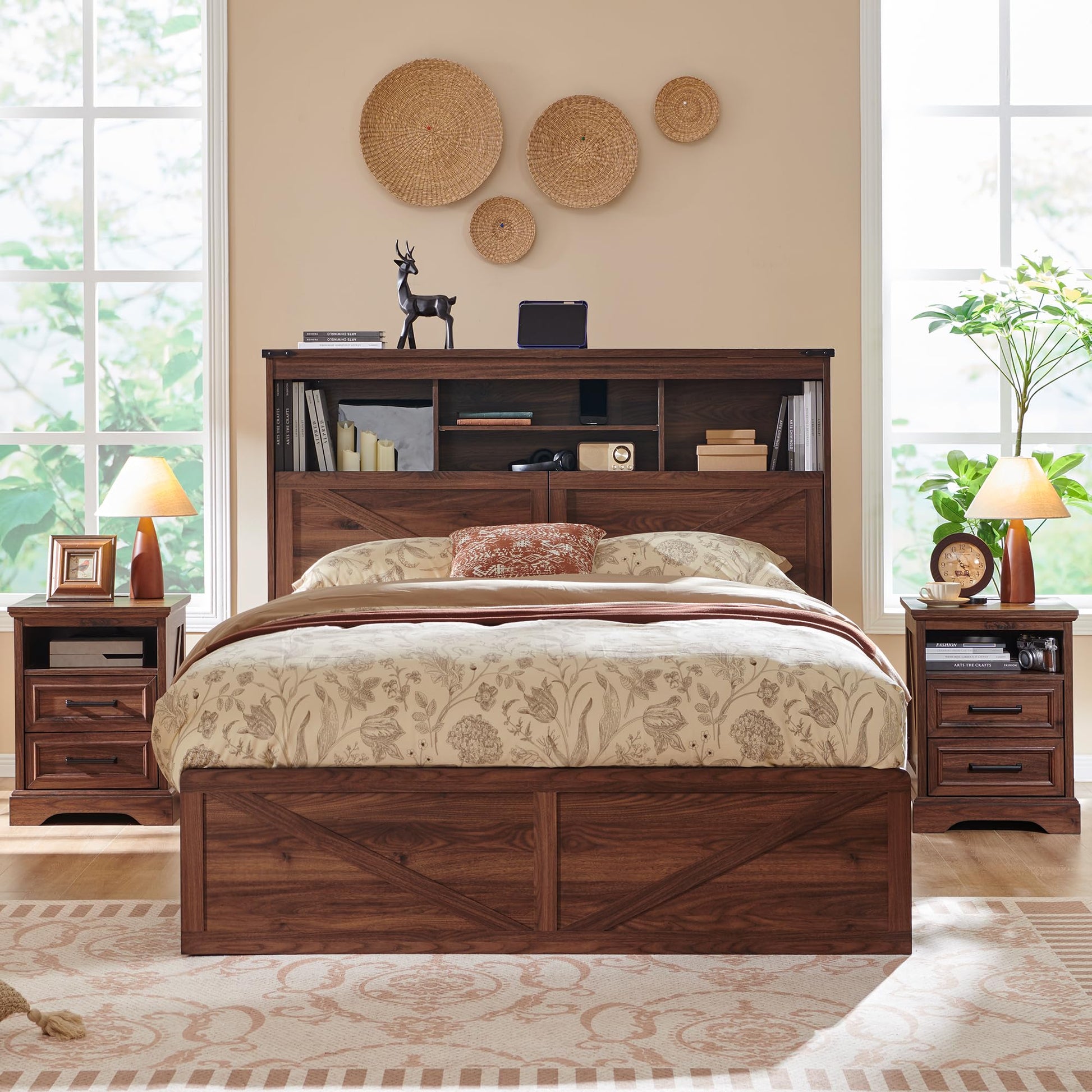 ACCOHOHO Farmhouse Queen Size Bed Frame with 52" Storage Headboard, 4 Drawers, LED Light & Charging Station - Brown - WoodArtSupply