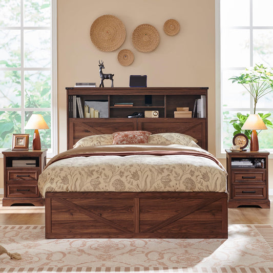 ACCOHOHO Luxury Farmhouse Wood Bed Frame with 52" Storage Bookcase Headboard, LED Lights, Charging Station & 4 Drawers - Brown - WoodArtSupply