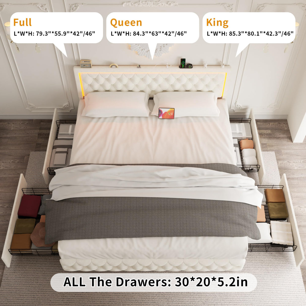 VOHOBY Queen Bed Frame with 4 Storage Drawers, Velvet Upholstered Bed Frame Queen Size with Charging Station and LED Lights, 46" Adjustable Button Tufted Headboard, No Box Spring Needed, Beige VOHOBY