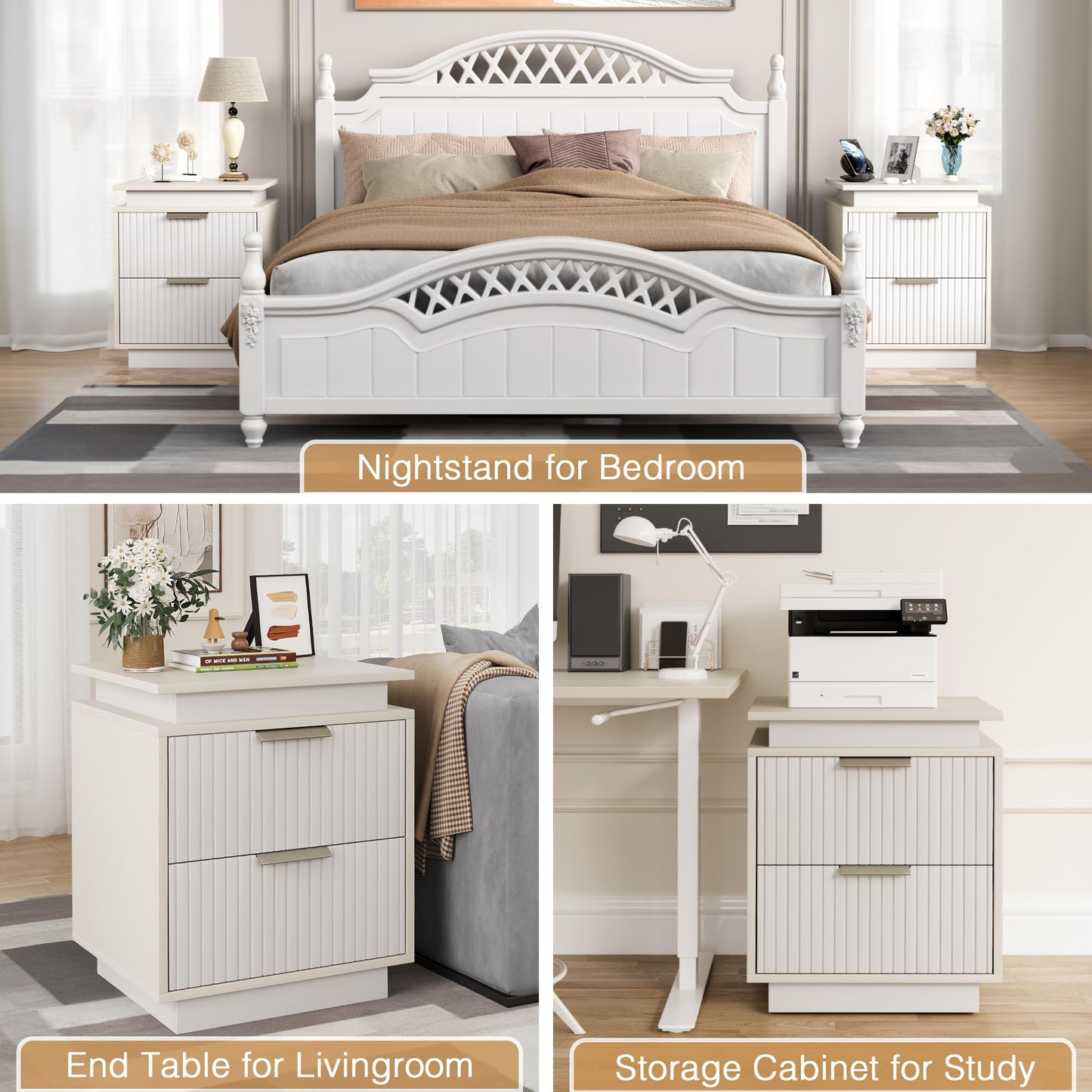 YESHOMY Nightstand with LED Lights, End Table with 2 Drawers and Waveform Panel, Night Stand with Handles, for Bedroom and Apartment, Pure White