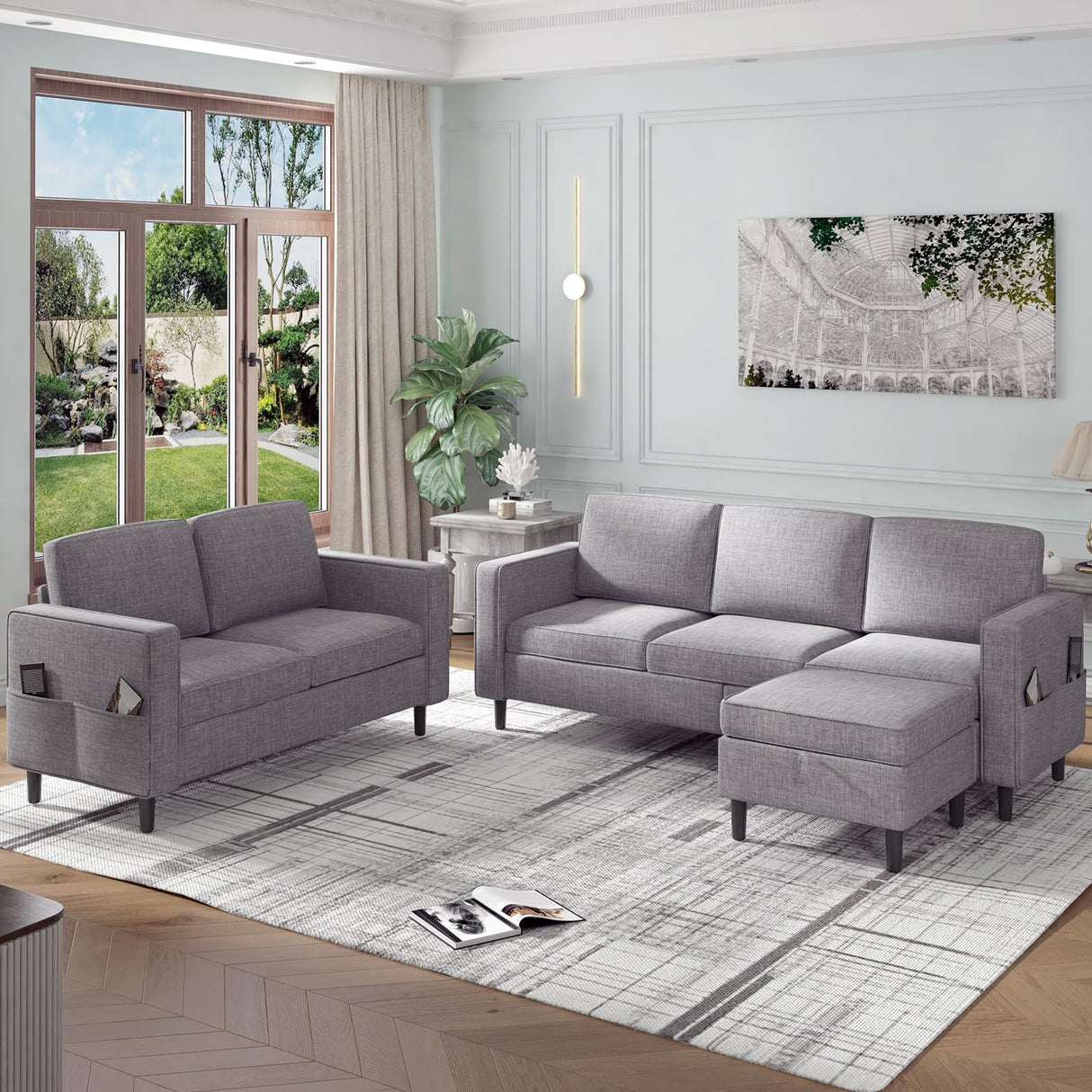 PUREMIND 2Piece Sofa Set for Living Room, Modural Convertible Loveseat and Sofa Set, Modern Linen Fabric L Shaped and Loveseat Sofa Set of 2, Sectional Sofa Couches Set for Apartment PUREMIND
