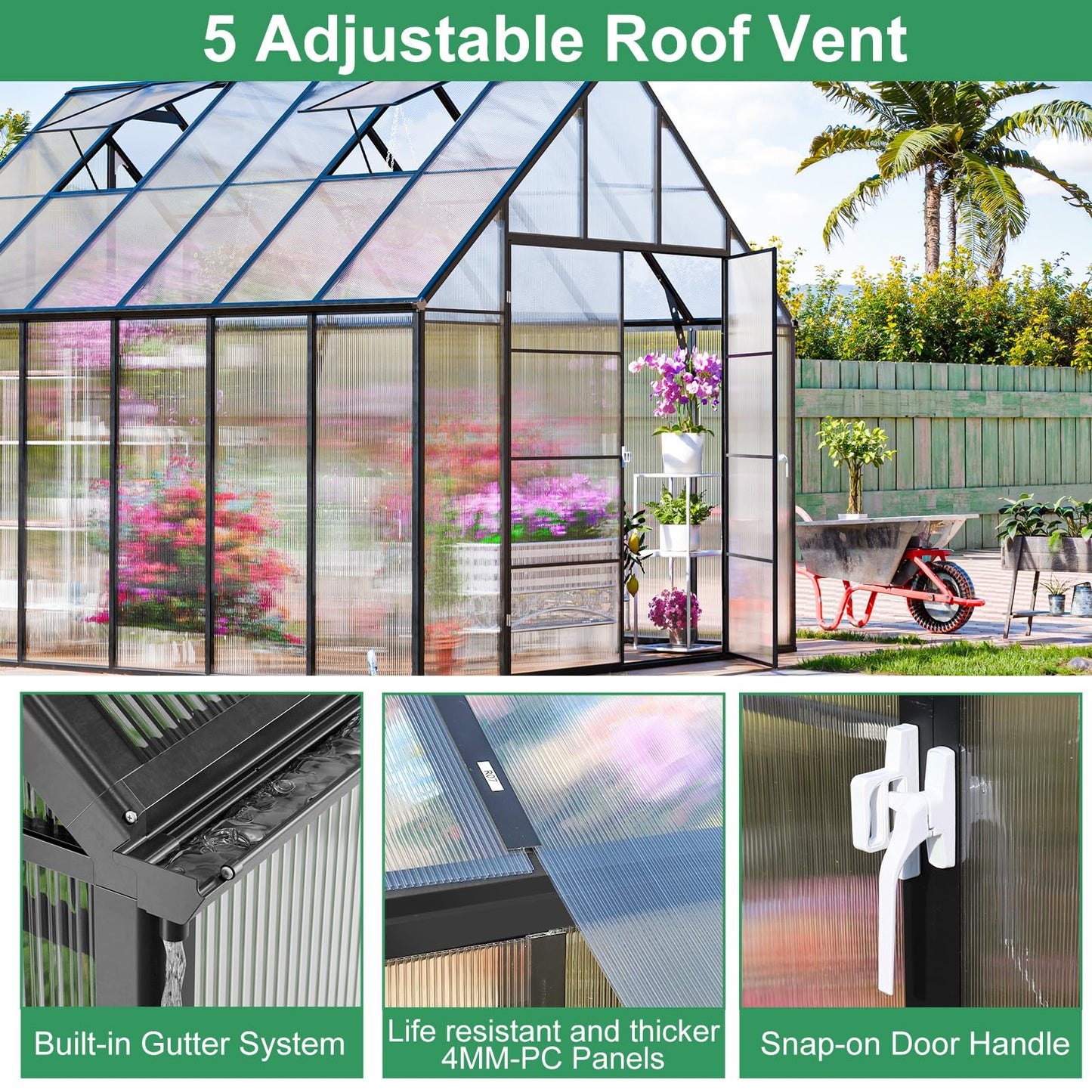 CDCASA 12x10 FT Greenhouse for Outdoors, Easy Assembly Large Aluminum Heavy Duty Polycarbonate Greenhouses Kit w/3 Window, Swing Door, Walk-in Green House for Outsides, Sunroom, Backyard, Garden