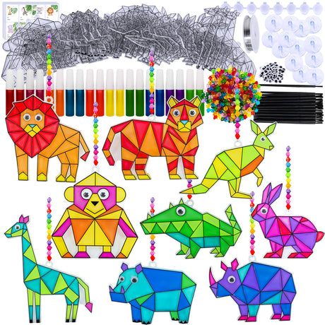 Winlyn 24 Sets Jungle Animal Suncatcher Decorations DIY Window Paint Art Craft Kits Safari Animal Sun Catchers Rainbow Painting Kit for Kids Classroom Activities Summer Camping VBS Party Art Project Winlyn