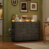 WLIVE Led Dresser for Bedroom, TV Stand for Bedroom with LED Lights and Power Outlet, Wide Chest of Drawers for Hallway, 8 Fabric Drawers for Living Room and Entryway, Charcoal Black Wood Grain Print WLIVE