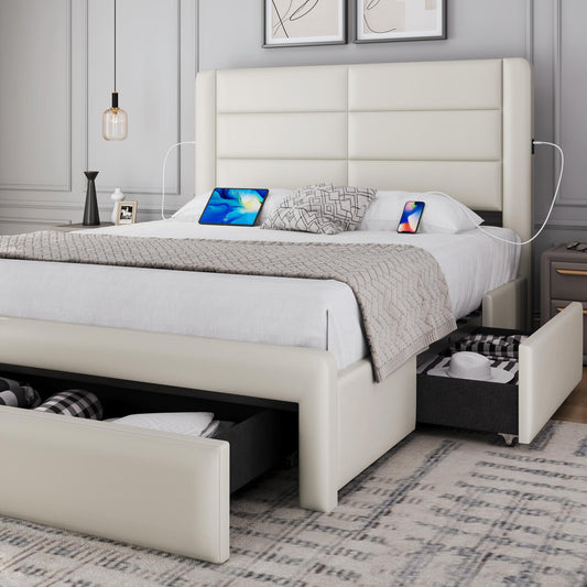 Yaheetech Queen Size Upholstered Bed Frame with USB Charging Ports and 3 Storage Drawers - Beige - WoodArtSupply