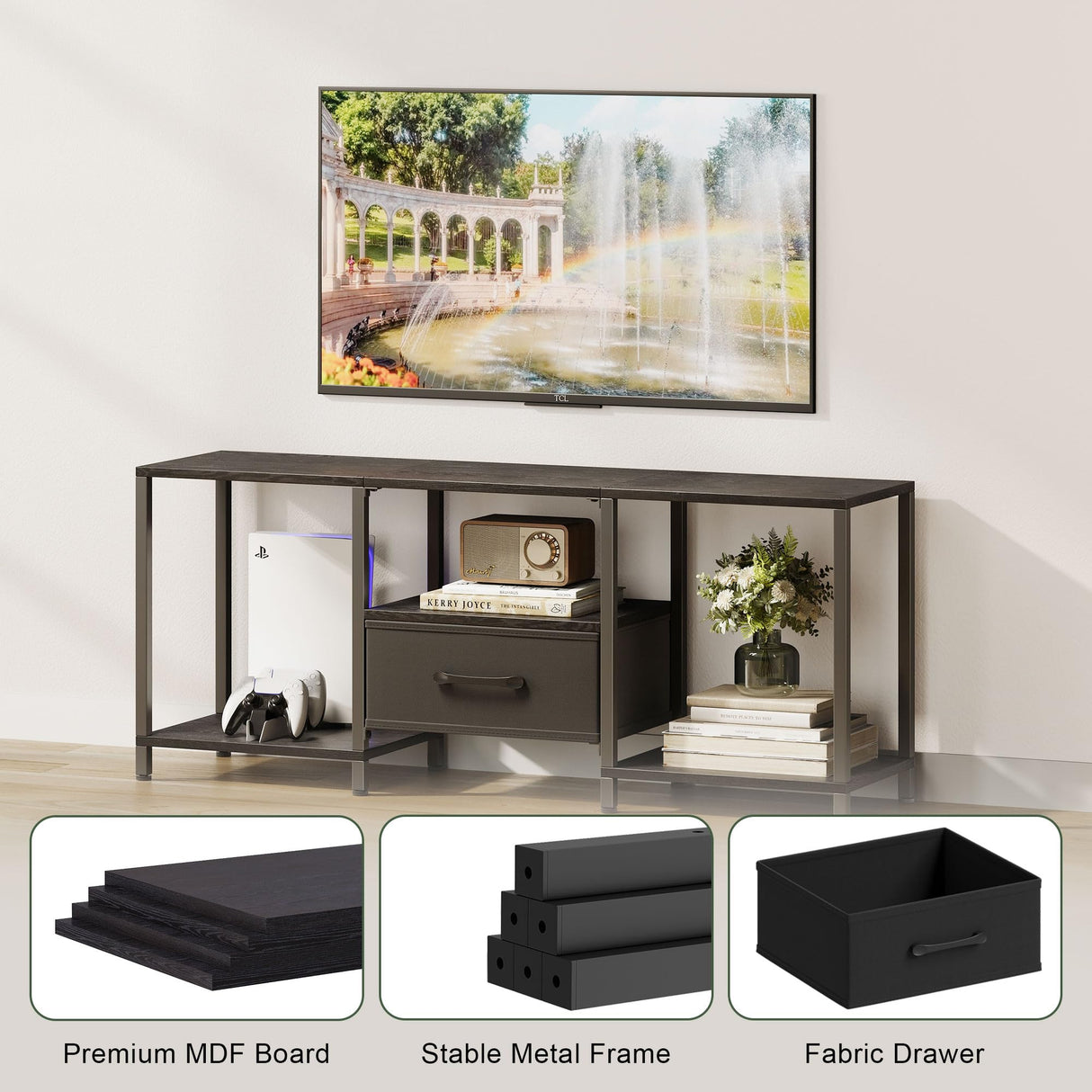 JARHETUN TV Stand with Fabric Drawer for 55 Inch TV, Entertainment Center with Open Shelves, Media TV Console Table for Living Room, Bedroom, Black JARHETUN