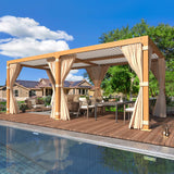 YOLENY 10 x 20 FT Louvered Pergola, Wood Grain Pergola with Adjustable Aluminum Waterproof Roof, Sun Shade Shelter with Netting and Curtains for YOLENY