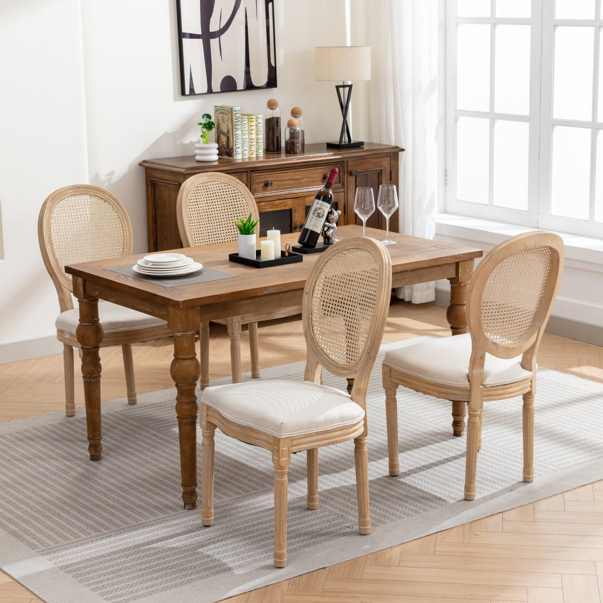 HMFULE French Country Dining Chairs Set of 4, Rattan Dining Chair with Linen Fabric and Carved Solid Wood Frame Farmhouse Dining Room Chairs for Living Room, Kitchen, Restaurant Rattan Beige HMFULE