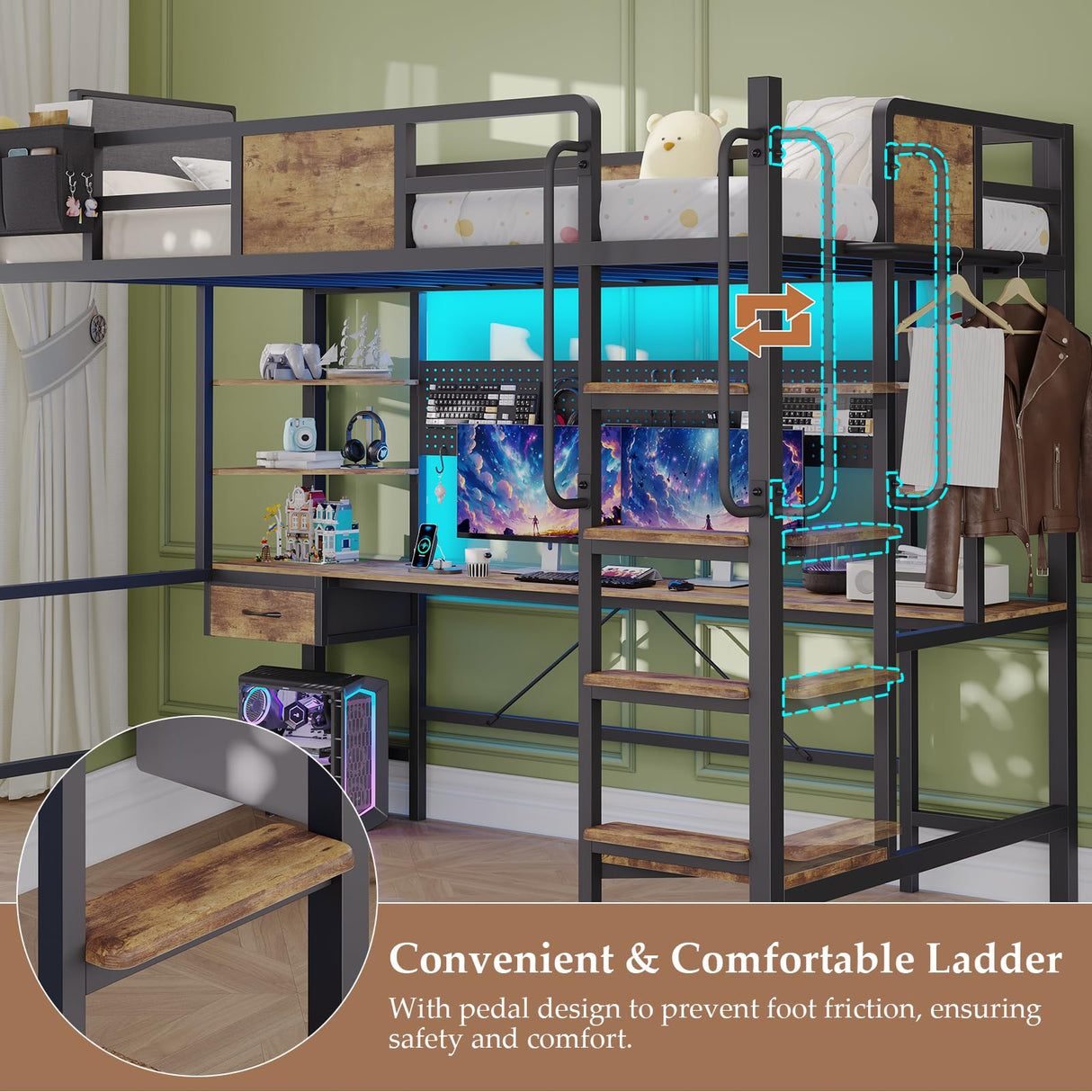 Dnxao Loft Bed Twin Size with Desk,Twin Loft Bed with Storage Organizer,LED Lights and Charging Station, Bunk Bed with Desk, Space Saving, Noise Free, No Box Spring Needed,Rustic Brown Dnxao