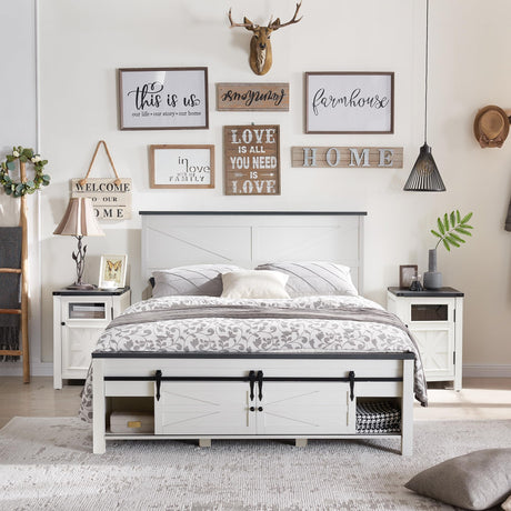 Farmhouse Queen Bed Frame with Sliding Barn Door Storage and Headboard by JXQTLINGMU JXQTLINGMU