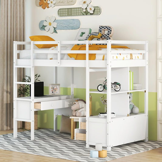 Harper & Bright Designs Twin Loft Bed with Desk, Bookshelf & Storage in White Pine - WoodArtSupply