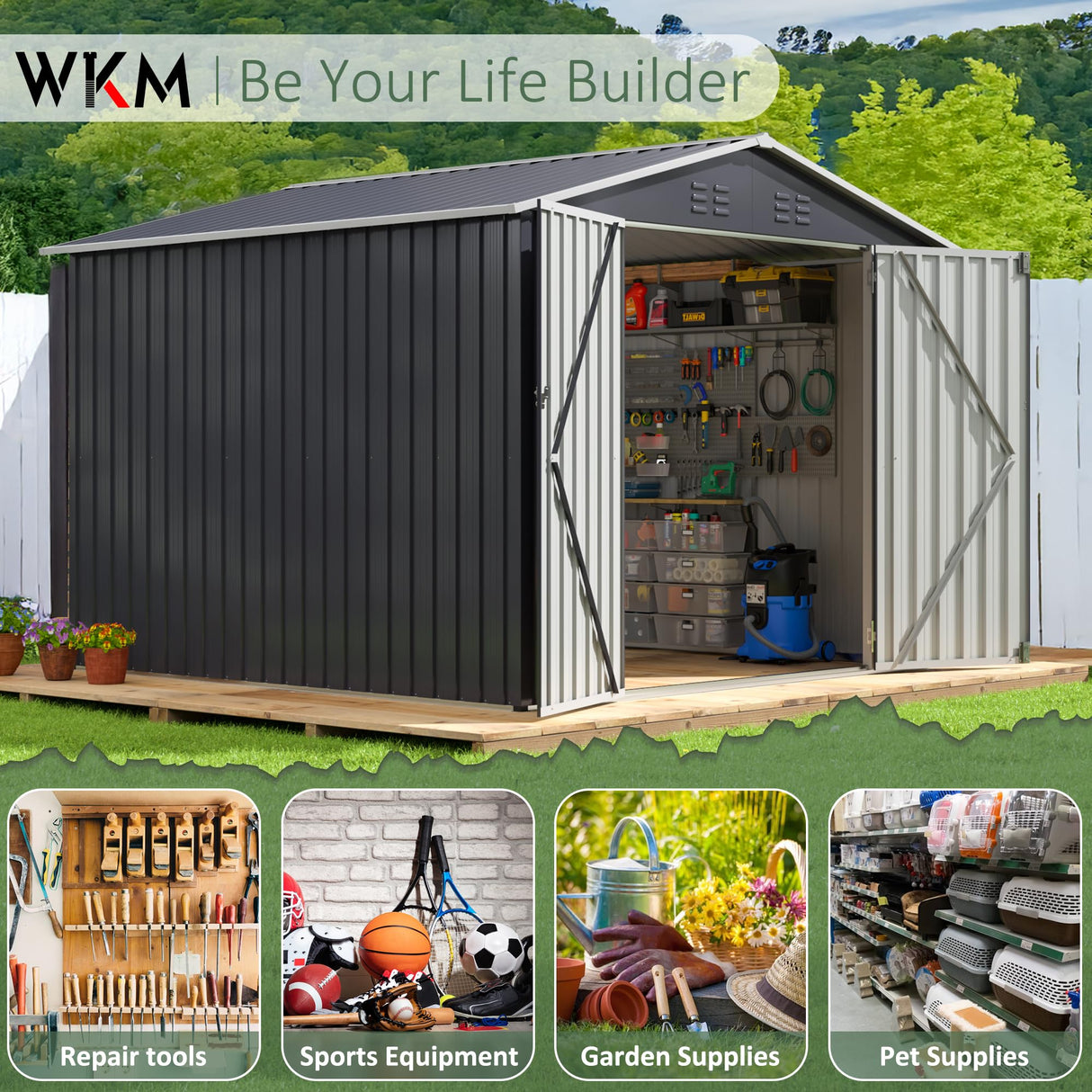WKM 10x10 FT Outdoor Storage Shed, Utility Metal Tool Storage with Lockable Doors and Updated Frame Structure, Metal Garden Shed for Backyard, Patio Lawn, Black WKM
