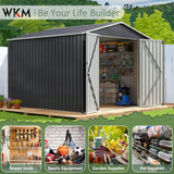 WKM 10x10 FT Outdoor Storage Shed, Utility Metal Tool Storage with Lockable Doors and Updated Frame Structure, Metal Garden Shed for Backyard, Patio Lawn, Black WKM