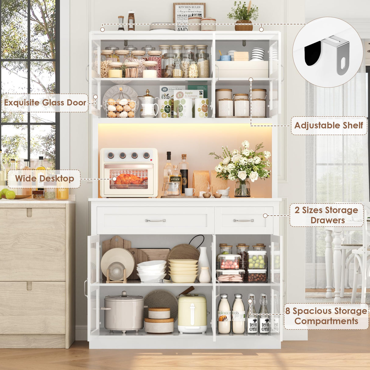 FINETONES 71" Pantry Cabinet with LED Light and Charging Station, Storage Cabinet with Microwave Stand, Kitchen Pantry Hutch Cupboard with Glass Doors and Shelves, White FINETONES