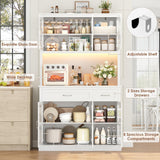 FINETONES 71" Pantry Cabinet with LED Light and Charging Station, Storage Cabinet with Microwave Stand, Kitchen Pantry Hutch Cupboard with Glass Doors and Shelves, White FINETONES