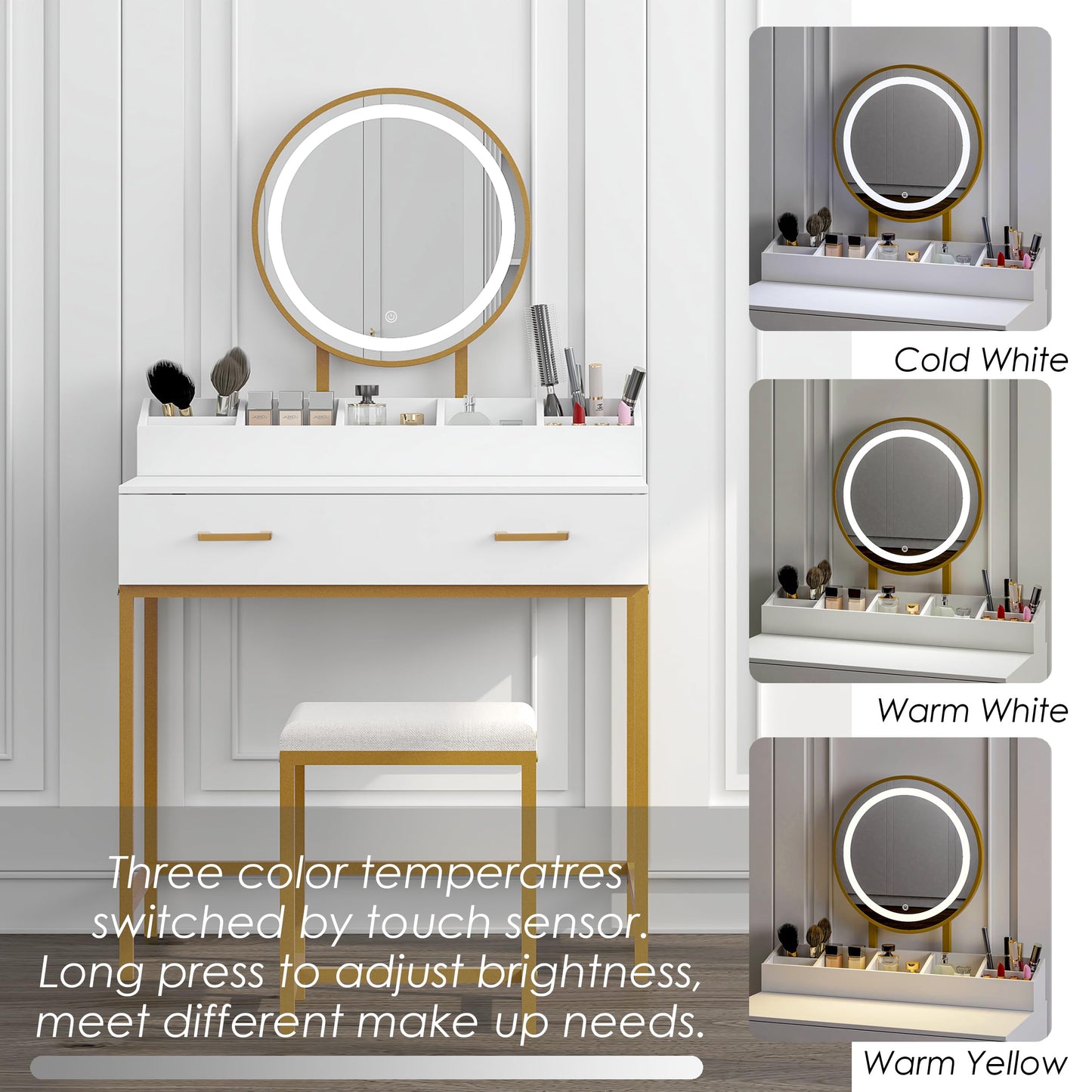 UTEX Makeup Vanity Desk with Mirror and Lights, Makeup Vanity Set with Drawers, Small Makeup Vanity Table, 3 Lighting Modes Dresser Desk and Cushioned Stool Set for Bedroom White and Gold - WoodArtSupply